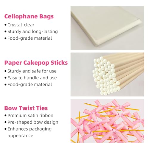 Roxjaejae 150 Pcs Cake Pop Kit, Paper Cake Pop Sticks with Clear Cellophane Bags and Pink Bow Twist Ties, Cake Pops Making Tools for Lollipops, Candies, Chocolates, Cookies, DIY Desserts