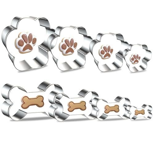 8PCS Dog Bone and Dog Paw Print Cookie Cutters Set, Stainless Steel Metal 4 Sizes Dogs Bone Paw Shape Cookie Cutter, Dogs Theme Party Cookie Cutter Molds for Homemade Treats Baking - color: Dog Bone & Dog Paw