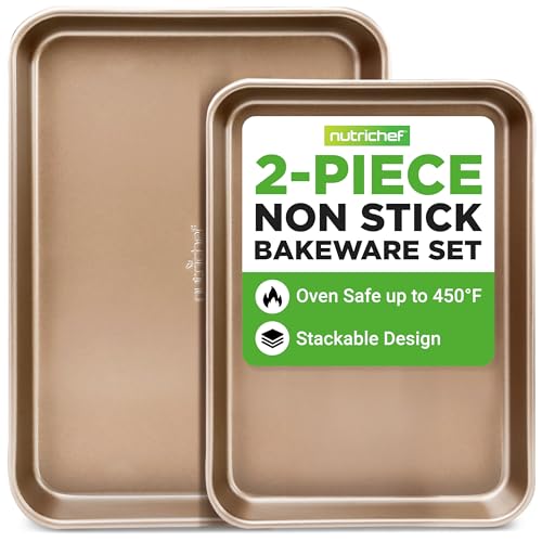 NutriChef 2-Piece Nonstick Stackable Cookie Sheet Set – Non-Toxic Carbon Steel Baking Pans – Heavy Duty, Warp-Resistant, Easy to Clean, Oven & Dishwasher Safe Bakeware - color: Champagne Gold