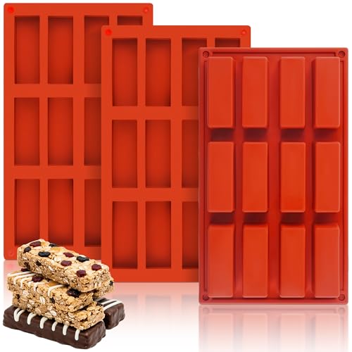 3Pcs Silicone Granola Bar Mold, 12-Cavity Rectangle Silicone Chocolate Bar Mold for Baking Chocolate Bars, Non-stick Candy Chocolate Bar Mold for Truffle, Ganache, Cheesecake, Butter - color: 12-Cavity Rectangle Chocolate Bar Mold