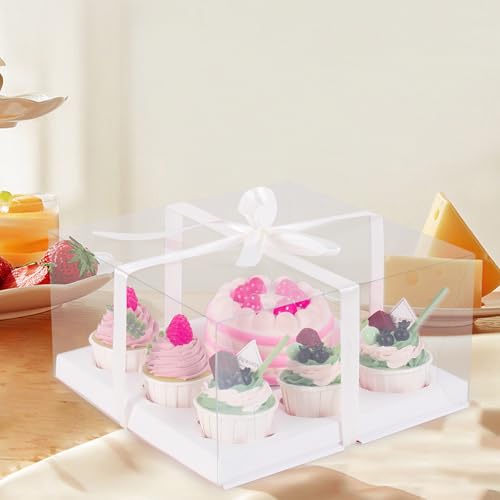 JCD 3 Packs Cake Cupcakes Combo Box 1+5 Cupcake Containers with Gift Ribbon Bento Clear Boxes (5 Cupcakes with Cake)(1+5/3Pcs) - size: Clear 1+5/3Pcs