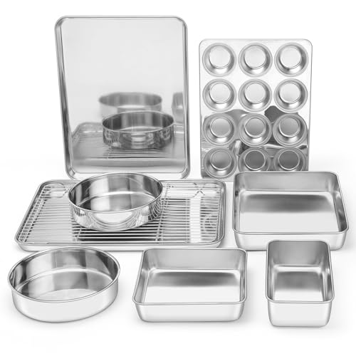 E-far 9-Piece Baking Pan Set, Stainless Steel Bakeware Sets for Sheet Cake Cookie Loaf Muffin, Include Baking Sheet, Round Square Rectangle Baking Pan & Cooling Rack, Dishwasher Safe - size: 9-Piece Set