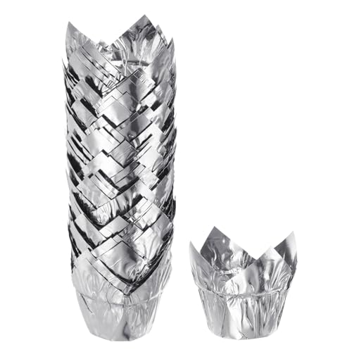 HARFINGTON 50Pcs Tulip Cupcake Liners Standard Aluminum Foil Baking Cups Greaseproof Wrappers Disposable for Birthday Banquets Party, Silver Tone - color: Silver Tone