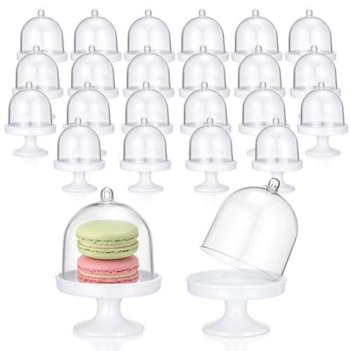 24 Pack Mini Cake Stand with Lid 3.15 x 1.97 Inch Tiny Cake Stand with Dome for Dessert Chocolate Candy Cupcake Plastic Container for Birthday Baby Shower Wedding and Tea Party Supplies