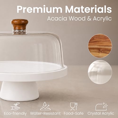 Acacia Wood Cake Stand with Lid Anti-Mold 12 Inch - 2-in-1 Wooden Charcuterie Board - Covered Dessert Plate with Acrylic Dome - Vintage Pastry Display - Tall Domed Serving Stand Platter - color: F - White