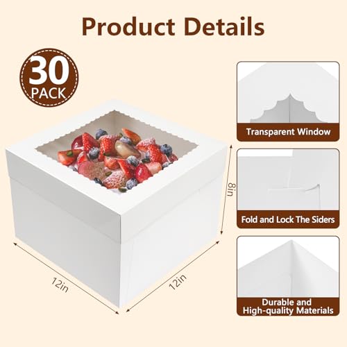NEOACT 30 Pack Cake Boxes, 12x12x8 Inch White Cake Transport Container - size: 30 Pcs-12x12x8 inches