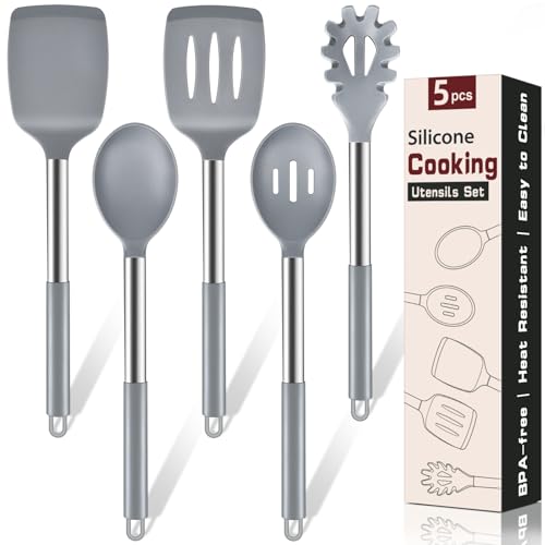 5Pcs Silicone Cooking Utensils Set, Heat Resistant Kitchen Tools Include Solid&Slotted Spatula, Cooking Spoon and Pasta Server, Silicone Kitchen Utensils set for Nonstick Cookware Flipping, Gray - color: Gray