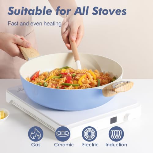 SENSARTE Ceramic Nonstick Frying Pan Skillet with Lid, 13.3 Inch Large Deep Frying Pan, 6 QT Saute Pan, Induction Pan, Healthy Non Toxic Cooking Pan with Helper Handle, PFOA PFAS PTFE Free - color: Blue, size: 6QT / 13.3IN