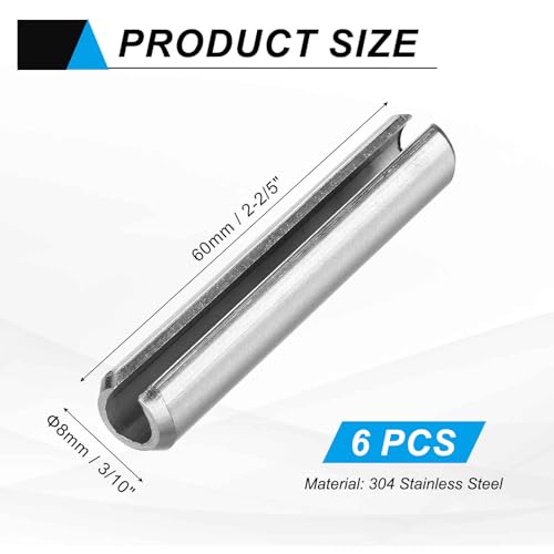 MECCANIXITY 6Pcs Slotted Split Roll Pins 3/10 Inch(8mm) Dia. 2-2/5 Inch(60mm) Length Steel Spring Tension Expansion Dowels for Secure Fastening, Silver - size: 3/10 Inch(8mm) Dia. 2-2/5 Inch(60mm) Length