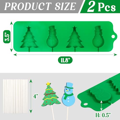 Webake Christmas Lollipop Molds with Tree and Snowman Shapes, Silicone Chocolate Candy Sucker Mold with Sticks, Pack of 2