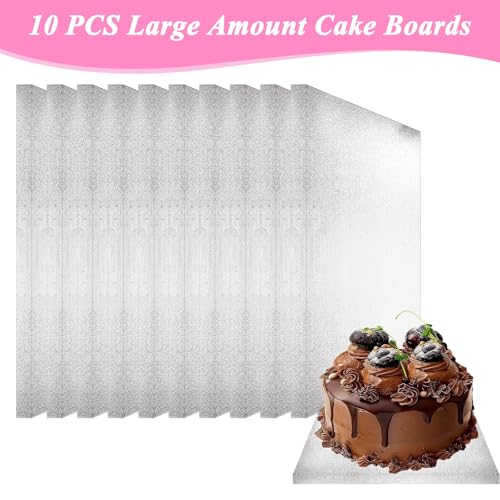 STARVAST 12 Inch Square Cake Drums, 10 Pack Sturdy 1/2" Thick Cake Boards with Fully Wrapped Edges, Multiple Layers of Corrugated Cardboard for Multi-Layer Cakes, Base para Pastel, Silver