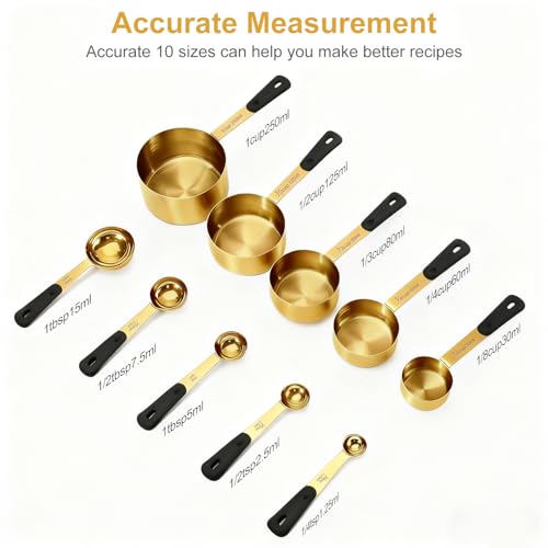 Bopei 10-Pcs Stainless Steel Measuring Cups & Spoons Set, Gold - color: Gold