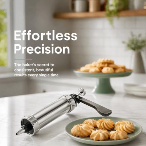 Aluminum Alloy Cookie Press Maker Set, Silver Biscuits Maker with 7 Piping Nozzles and 13 Pattern Discs for Cake Decorating Baking Tool