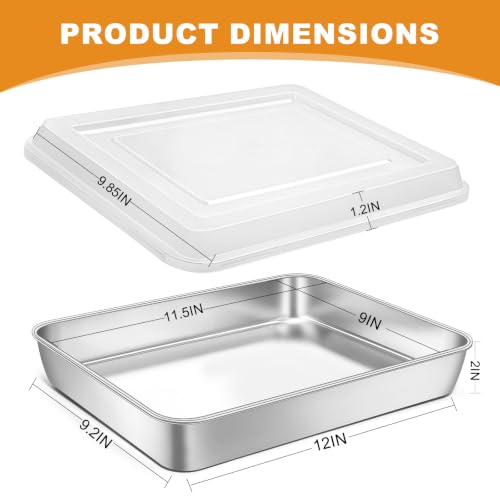 Stainless Steel Baking Pan with Lid, 12⅓ x 9¾ x 2 Inch Deep Rectangle Cake Pans with Cover for Cakes, Brownies, Cookies, Deep Side & Heavy Duty,Dishwasher & Fridge & Oven Safe(2 Pans + 2 Lids) - size: 12.4 x 9.85 x 2 Inch
