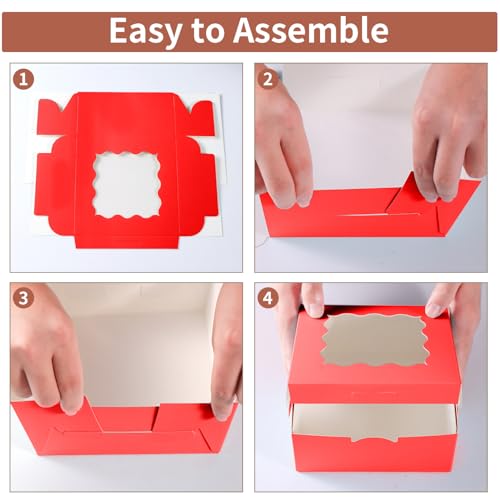 36 pcs 6x6x3 Inches Small Cake Box with Window, Bakery Pastry Cookie Boxes, Mini Pie for Pastry,Dessert,Strawberries,Chocolates, Cupcakes with paper stickers (Red) - color: Red/36pcs