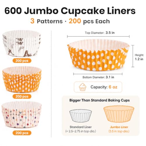 YOUEON 600 Pcs 3.5 In Jumbo Cupcake Liners Greaseproof, 6 Oz Large Paper Baking Cups Non-Stick, Jumbo Muffin Liners for Muffins, Cupcakes, Brownie, Quiche, Mini Snacks, Recyclable, 3 Pattern