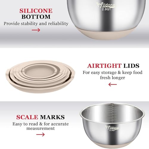 Wildone Mixing Bowls with Airtight Lids, Stainless Steel Mixing Bowls Set - color: Khaki