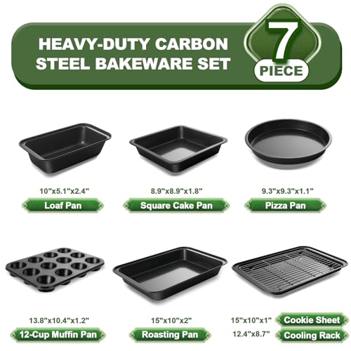 EWFEN Bakeware Sets, Baking Pans Set, Nonstick Oven Pan for Kitchen with Wider Grips, 7-Piece with Round/Square Cake Pan, Loaf Pan, Muffin Pan, Cookie Sheet, Roast Pan, Cooling Rack, Carbon Steel Bake