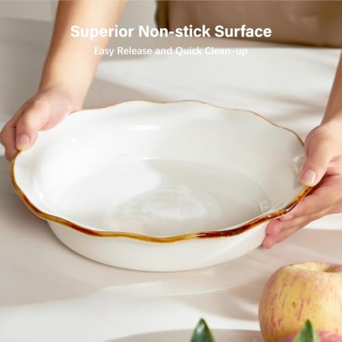 9 Inch Ceramic Pie Pan, Fluted Baking Dish with Brown Glaze Rim, Oven Safe - color: Creamy White, size: 9 inch