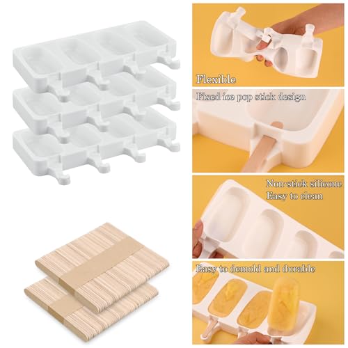 Sakolla 3 Pcs 4 Cavity Mini Popsicle Silicone Molds with 100 Wooden Sticks - size: 3 Pcs Mini - White