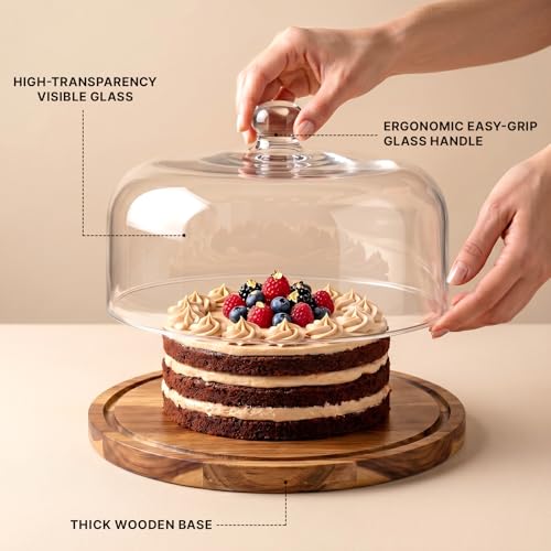 Clear Wooden Glass Dessert Dome with Base, Round Cake Stand Cover, Pastry Display Cloche for Food, Cake Plate with Cover for Baking Gifts Birthday Kitchen Party Weddings (11.4 inch)