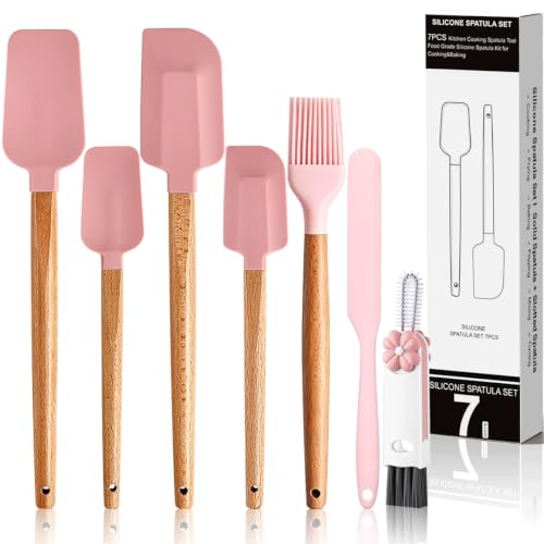 Silicone Spatula Set, 7 Piece Rubber Spatula Heat Resistant Baking Utensils - color: Blush Pink+Box