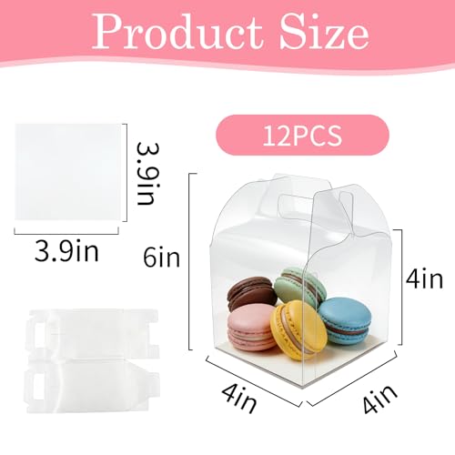 24 Pack Clear Boxes for Treats,4inch Macaron Containers with Handle, Clear Candy Carrier (24,only box) - color: Clear(only box)