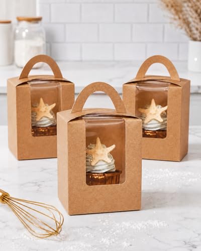 qiqee 100pcs Auto Pop-up Cupcake Containers Individual Brown Cupcake Holders Disposable Kraft Single Cupcake Boxes with Window 3.7"x3.7"x4.5" Cupcake Boxes - color: Brown, size: 100Pcs, One Holder