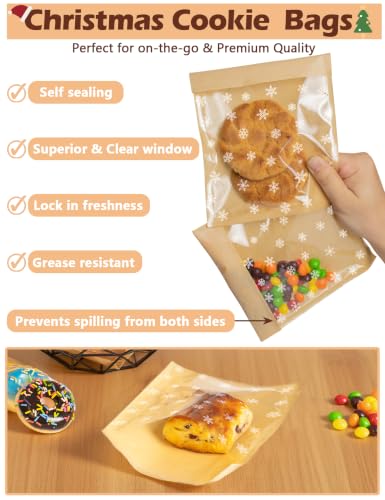 100 Pack Self Sealing Christmas Cookie Bags with Seal, 5.9x6.5 Inch Paper Bakery Bags with Window, Grease Resistant To Go Sleeves for Packaging Donut, Snack, Scone, Brownie, Small Pastries - size: 5.9"x6.5" - Christmas