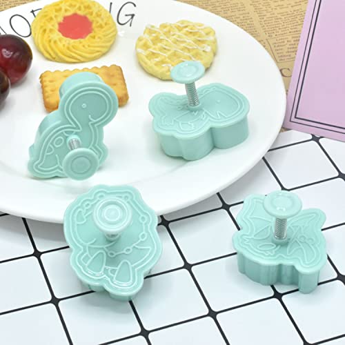 4 Pack Dinosaur Cookies Cutter Mold 3D Biscuit Embossing Mould Fondant Cakes Cutters Animal Crackers Spring Stamp Plunger Cutter DIY Dino Forms for Sugar Pastry Cake Kitchen Tools (Green) - color: Green