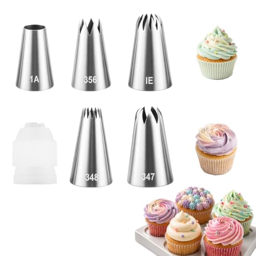 6 Pcs Large Piping Tips Set, Frosting Piping Kit with Coupler - color: 1A/1E/347/348/356