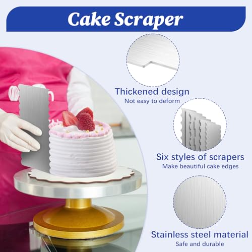 8.6 Inch Metal Cake Scraper, 6 Pack Double Sided Contour Patterned Edge Smoother, Stainless Steel Cake Decorating Comb Icing Leveler Tool for Buttercream Mousse Pastry Cake Border Decoration