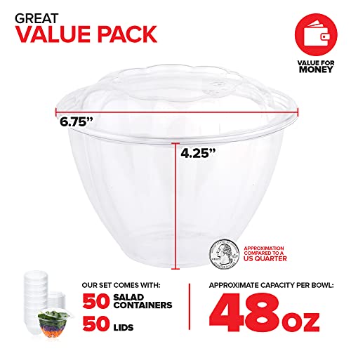 Plastic Bowls with Lids (50 Count) 48 Oz. Disposable To-Go Containers – Large Airtight Bowls for Dinner or On-the-Go Meals - size: 48oz