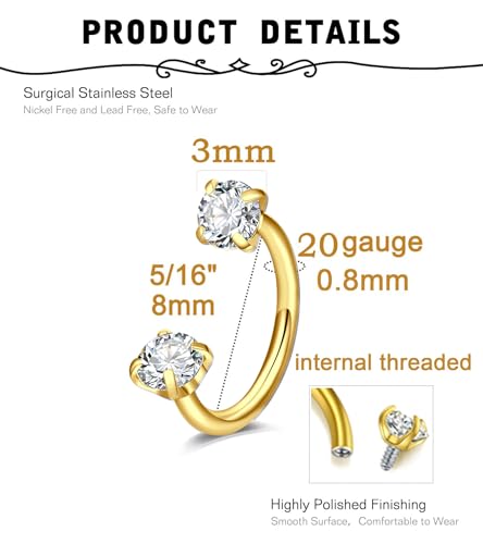 20g 16g 18g Piercing Taper Internal Threaded Piercing Taper Insertion Threader Tool Threadless Jewelry Changing Tool Horseshoe Nose Ring Labret Earring Studs Applicator Piercing Ball Grabber - color: D2 - Horseshoe ear nose ring + tool -gold