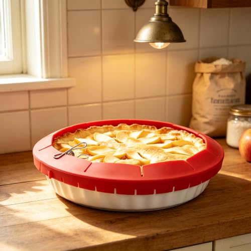 Adjustable Pie Crust Shield Silicone Pie Crust Covers for Edges of Pie Crust Protector Shields for Baking Pie Crust Cover Ring for Bake Kitchen Tool, Fit 8-11.4 Inch (2 PCS (Red+Clip))