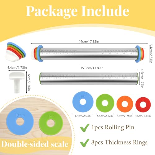 Adjustable Rolling Pin with 4 Thickness Rings for Baking, Cake Pop Roller