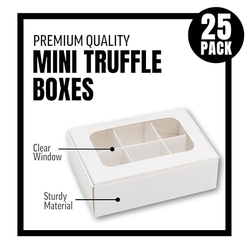 25 pcs White Mini Truffle Box for 6 treats with Windows and Dividers, Bakery Boxes, 5 x 3.5 x 1.57 Inches VERY SMALL Baking Boxes, Square Truffles Box for Gift Giving - color: White