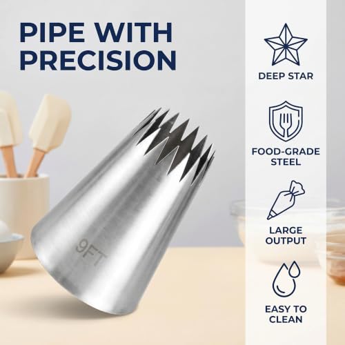 Piping Tip, Piping Tips for Eclair, Open Star Pastry Tip Large for Piping, Icing Tips, Decorating Tools, Icing and Piping Tips (9FT)