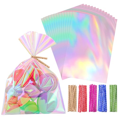 woric 150PCS Iridescent Cellophane Treat Bags with Ties 5x7 Inch