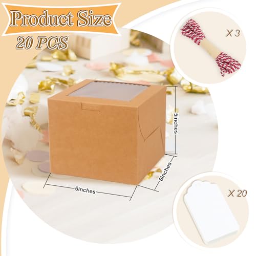 20Pcs Mini Cake Boxes with Window, 6x6x5 Inches Brown Bakery Boxes - color: Brown, size: 6x6x5 Inch