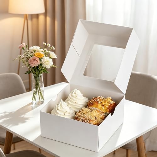 Jotique 4 count White Cupcake Boxes with Window, 6 Sets 6x6x3 Inch - color: white