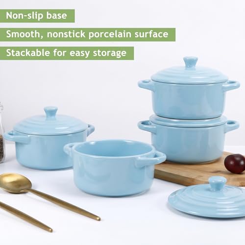4 Piece Ceramic Cocotte Set, Mini Casserole Pots, 16 Oz, Sky Blue