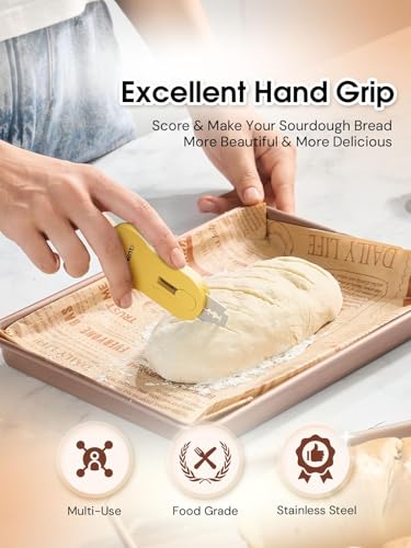 CLUEAPOP Bread Lame Sourdough Scoring Tool Extractable & Magnetic - Professional Dough Scoring Tool for Sourdough Bread Baking & Bread Making Tools - Scoring Patterns Booklet & 5 Razor Blades - color: Yellow