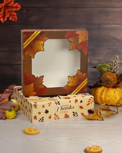 qiqee Thanksgiving Pie Boxes with Window 10x10x2.5 Inch 12Packs Cookie Donut Bakery Box - color: 12Packs, Thanksgiving