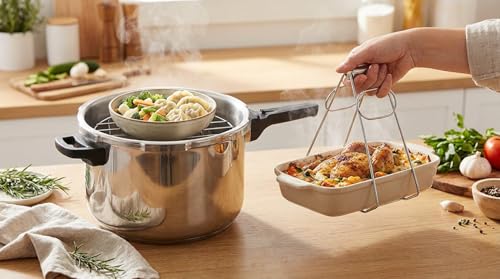 Steamer Rack and Plate Gripper Set, Stainless Steel Hot Dish Lifter Tongs and Round Wire Trivet Stand for Pressure Cooker, Instant Pot, Canning, Cooling, 2-Piece Kitchen Anti-Scald Kit