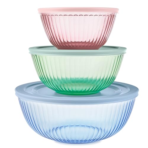 Pyrex Colors (3-Pack) Sculpted Tinted Glass Mixing Bowls with Plastic Lids - color: Pink, Green, Blue, size: 3-Pack, Small/Medium/Large, With Lids