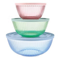 Pyrex Colors (3-Pack) Sculpted Tinted Glass Mixing Bowls with Plastic Lids - color: Pink, Green, Blue, size: 3-Pack, Small/Medium/Large, With Lids