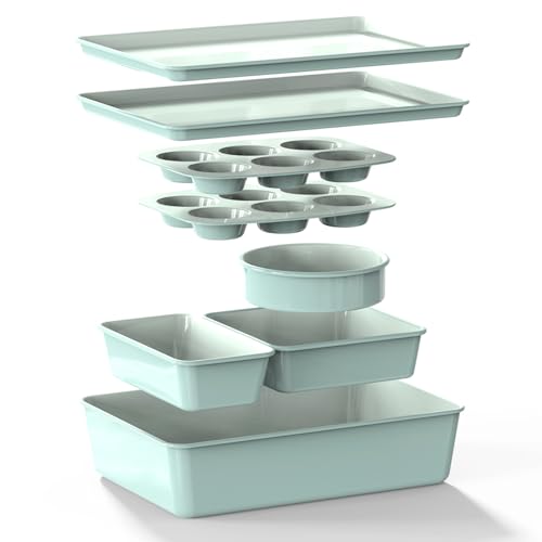 Larder & Vine 8-Piece Stackable Bakeware Set, Ceramic-Coated Nonstick Baking Pan Set, Non-Toxic, with Baking Sheets, Muffin Pan, Loaf Pan & Cake Pans, Sage - color: Sage