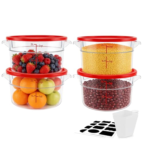 4-Pack Food Storage Container with Lid,Round Plastic Storage Box with Scale & Grip Perfect for Cake Prep, Marinating, Dough Mixing, Kitchen Supplies (Red, 2QT) - size: 2QT