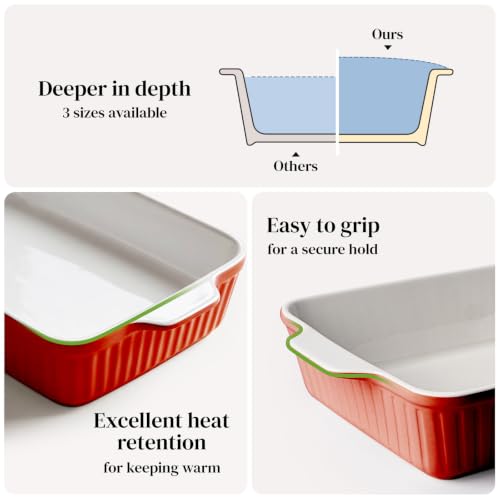 DOWAN 9x13'' Baking Dish with Handles Rack, Deep Casserole Pan & Stainless Steel Roasting Rack for Oven, Chicken & Meat Resting, Ceramic Lasagna Pan, Dishwasher & Microwave Oven Safe-Red - color: Red